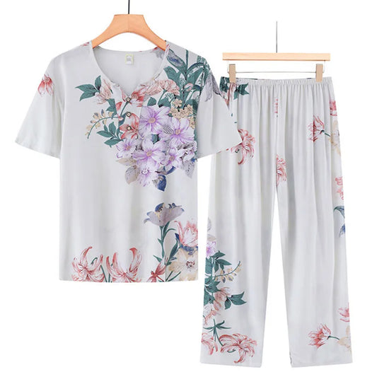🍒棉粘短袖短裤睡衣套装女式两件套家居服套装度假服沙滩装 无忧穿着