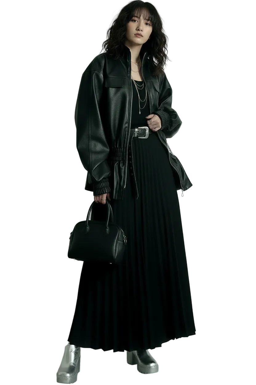 🍒Black pu leather jacket elastic waist ruffle hem coat with elasticated waist for women long sleeve loose fit fashion autumn spring female smart casual outerwear EXPAND Your look with This ELASTICATED waist