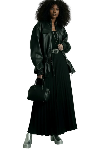 🍒Black pu leather jacket elastic waist ruffle hem coat with elasticated waist for women long sleeve loose fit fashion autumn spring female smart casual outerwear EXPAND Your look with This ELASTICATED waist
