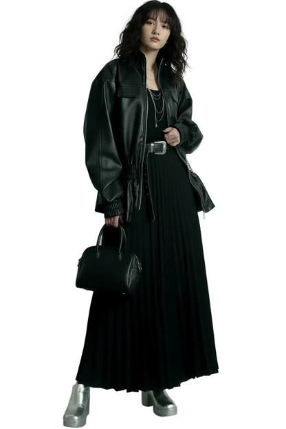 🍒Black pu leather jacket elastic waist ruffle hem coat with elasticated waist for women long sleeve loose fit fashion autumn spring female smart casual outerwear EXPAND Your look with This ELASTICATED waist