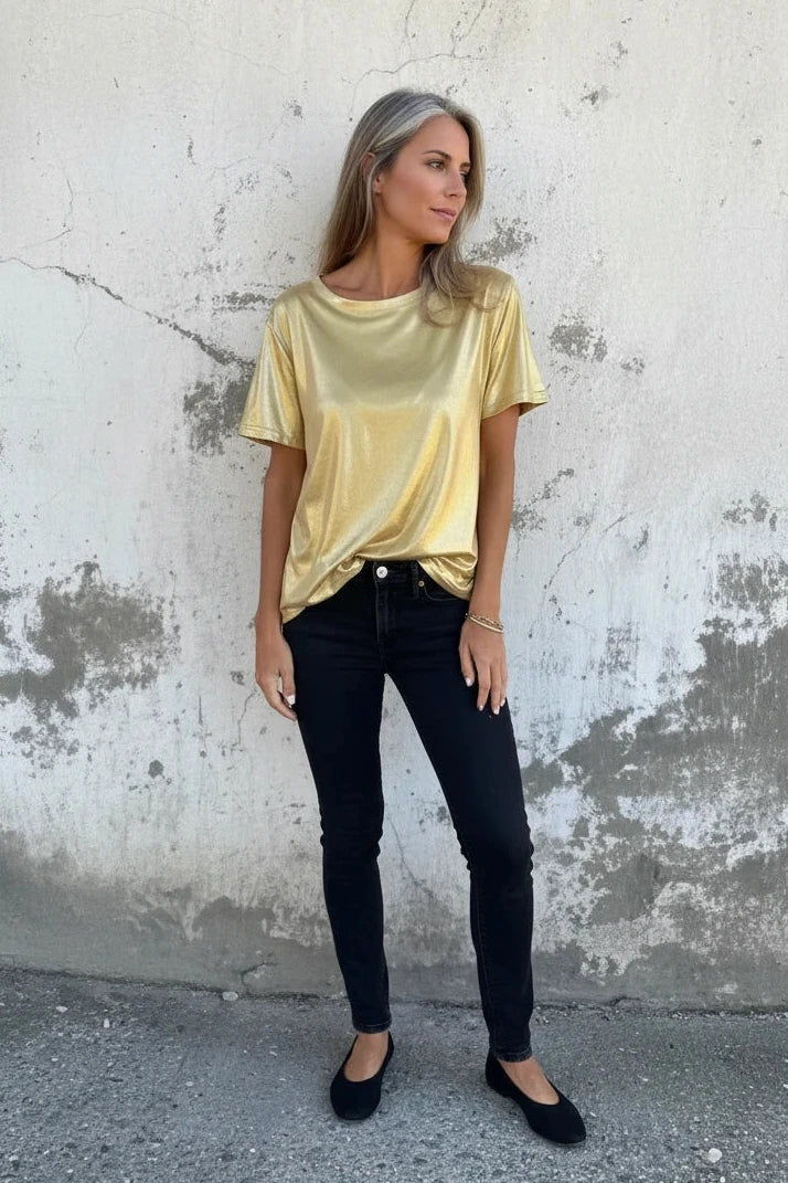 🍒Metaalagtige los top blink kortmou T-hemp dames spesiale geleentheid tops goud T-hemp o-nek mode slim gemaklike damesklere Top 'Talic Tee