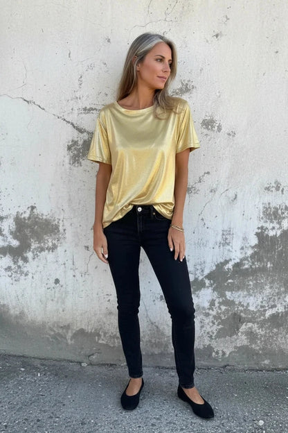 🍒Metaalagtige los top blink kortmou T-hemp dames spesiale geleentheid tops goud T-hemp o-nek mode slim gemaklike damesklere Top 'Talic Tee