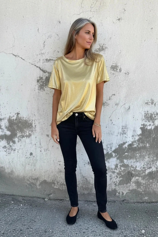 🍒Metaalagtige los top blink kortmou T-hemp dames spesiale geleentheid tops goud T-hemp o-nek mode slim gemaklike damesklere Top 'Talic Tee