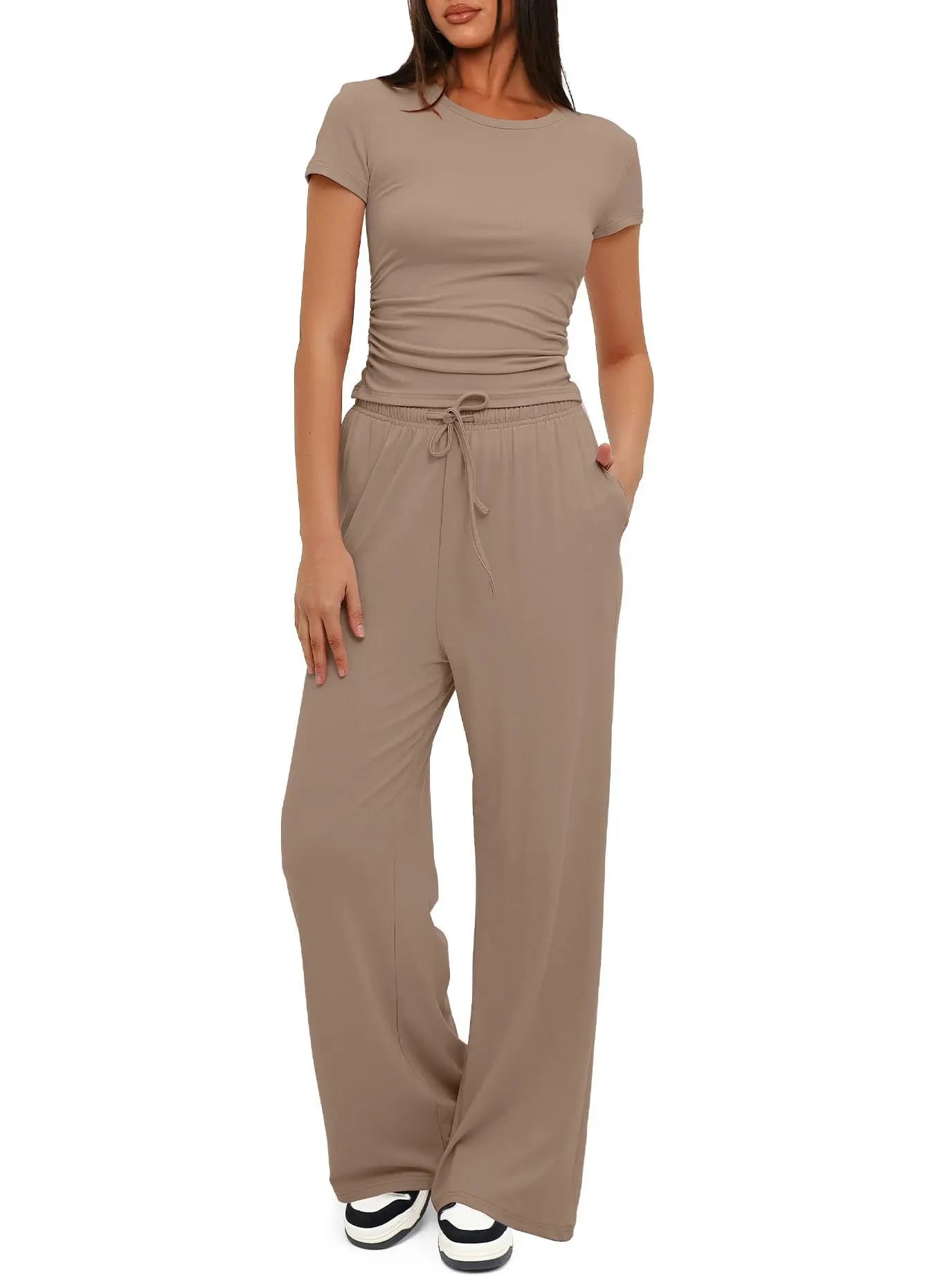 🍒Womens two-piece outfit set fashion pleated short sleeved top casual wear clothing  and matching comfort long high waisted wide leg pants sportswear Sport your style in Slimline