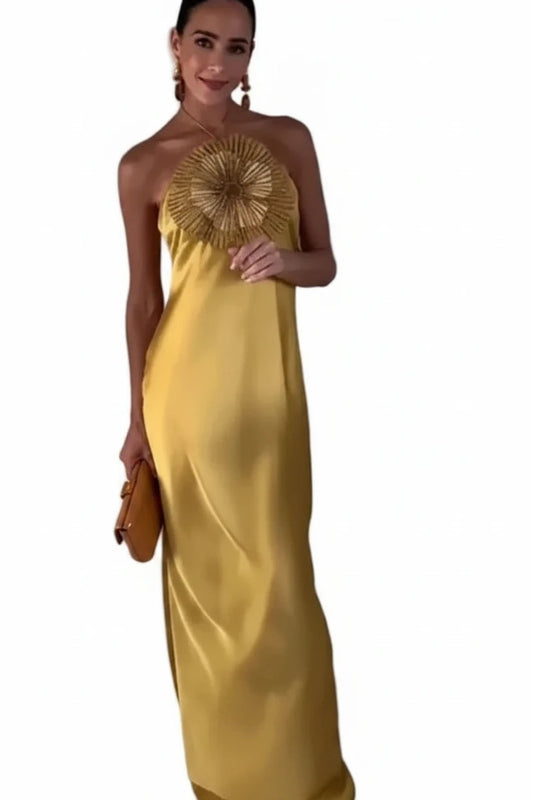 🍒Party dress for women gold outfit for ladies with 3D flower Halter sleeveless backles maxi satin occasion wear evening wear for holiday italian made feminine dresses for summer chic fashion Fem Fleur Fashion