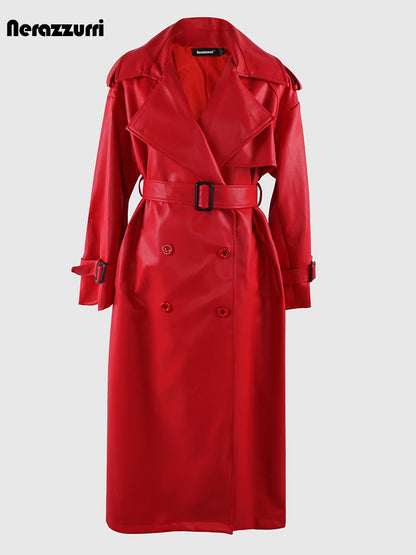🍒 Lang oorgroot swart trenchcoat-kunsskaapleerbuitelaerdrag vir vroue dubbelbors-oorjas met gordel los slim-gemaklike buiteklere