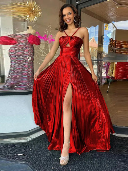 🍒Metallic pleated hollow slit women slip gown backless waist Slim elegant evening dress party wear vintage Liquid Lustre Look