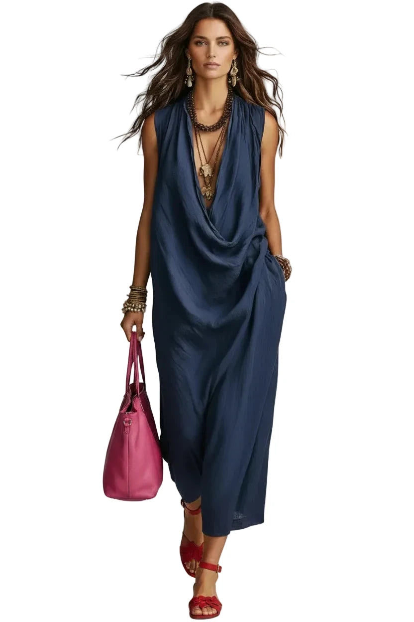 🍒A-line dress women v-neck outfits long draped neck summer wear sleeveless maxi outfit loose flowy casual fashion for holidays outfits vacation beach clothes Drapy Dream
