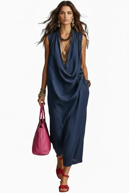 🍒A-line dress women v-neck outfits long draped neck summer wear sleeveless maxi outfit loose flowy casual fashion for holidays outfits vacation beach clothes Drapy Dream