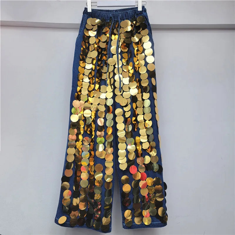 🍒Spring summer women Y2K style niche fashion chic large sequined short sleeve shirt and matching wide leg pants set clubwear party outfit Theirs Gold In Silver