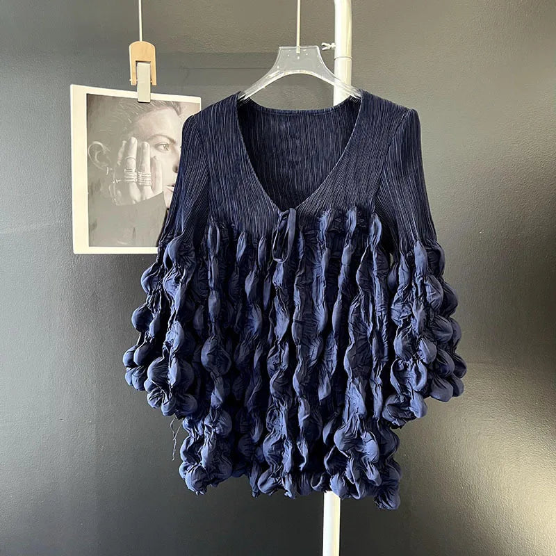 🍒泡泡袖褶皱上衣带褶皱系带上衣 V 领设计纯色宽松 T 恤时尚休闲服装 提升您的时尚品味