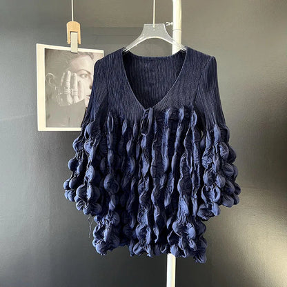 🍒泡泡袖褶皱上衣带褶皱系带上衣 V 领设计纯色宽松 T 恤时尚休闲服装 提升您的时尚品味