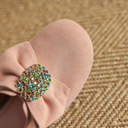 🍒Handmade genuine leather shoes suede footwear for occasion slippers for women mules round toe low heel mules summer footwear female 34-41 Look Slip On Your Bow With A Bow Slipper