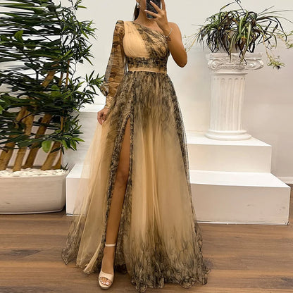 🍒High waist maxi dress Asymmetric evening dress one shoulder sleeve pleats bridesmaid outfit occasion wear party outfit Look Rosy In A Chiffon