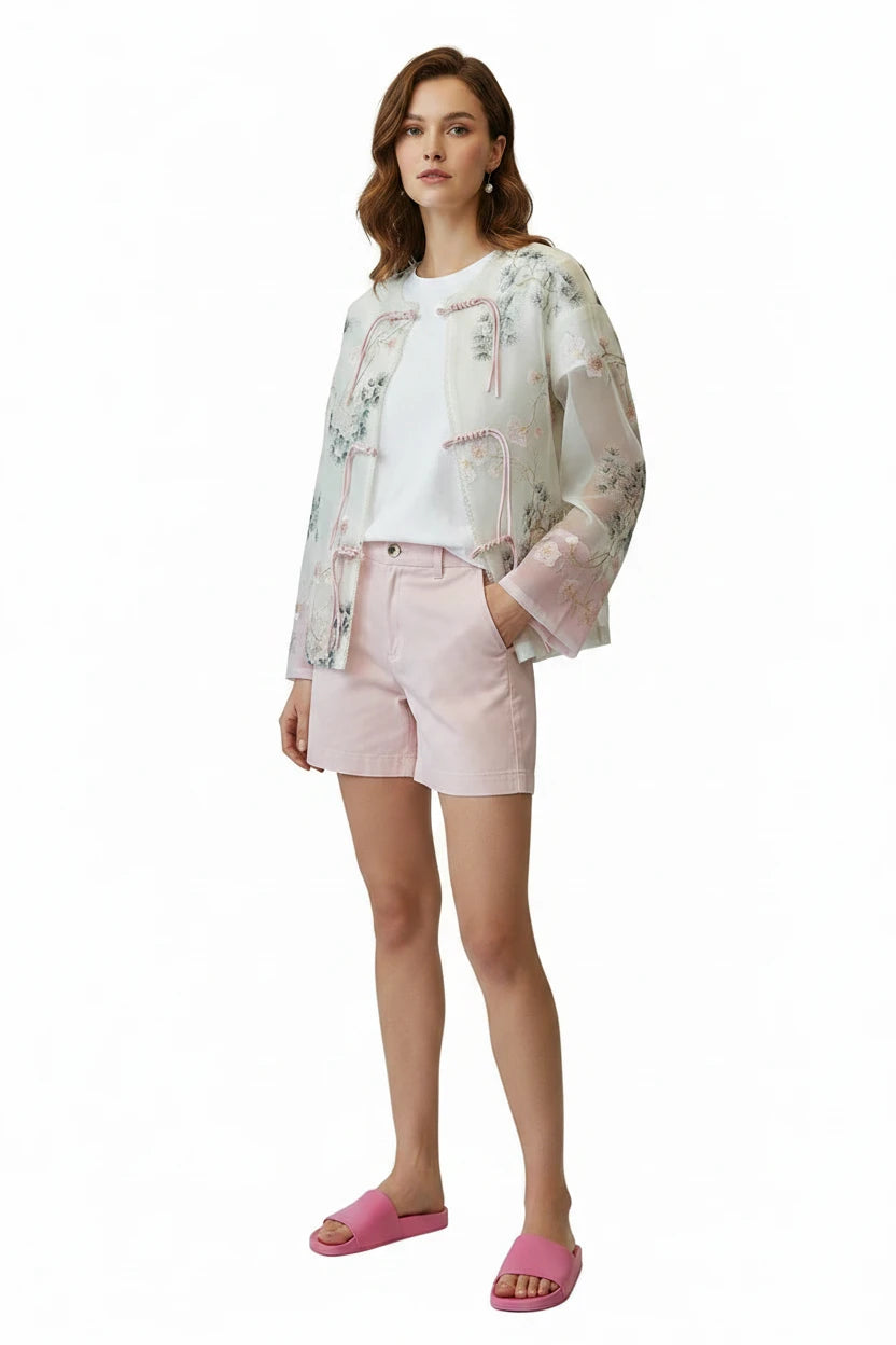 🍒Shirt jacket for women Light outer for women chinese style jacket chiffon embroidery Jacquard tie light cover up sunscreen cardigan Summer beach coverup for occasion and casual coverup See Through The Day