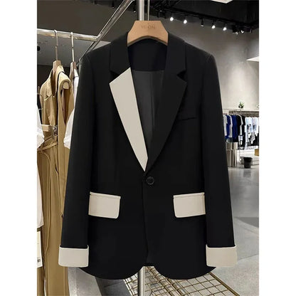 🍒Mode blazer baadjie lente herfs langmou swart baadjie kontras lapwerk kantoorklere vir vroue buiteklere slim gemaklike pakjas vroulike sjiek mode   Maak Jou Verskyning In Jou Kontras