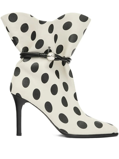 🍒Women's polka dot ankle boot white black pattern booties with ruffle top buckle decor pointed toe stiletto high heel fashion short boots  On The Spot Fine