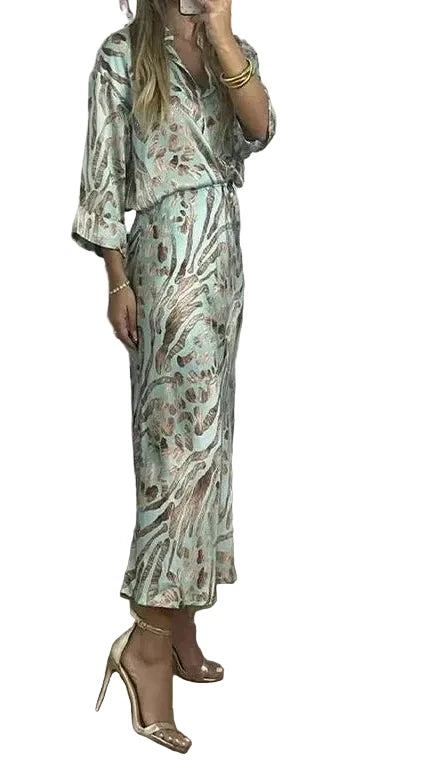 🍒Party two piece printed shirt and skirt set v-neck three quarter sleeve shirts for women high waist skirts for women two piece evening outfits female occasion clothing