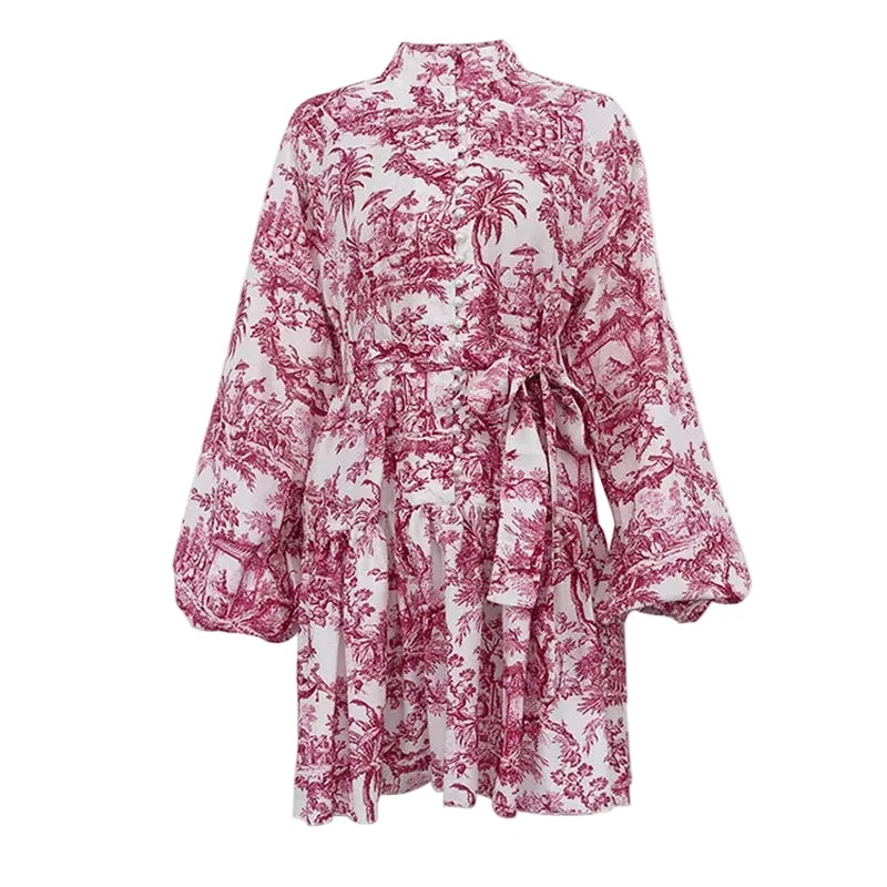 🍒Printed mini dress long sleeve clothes for hot weather o-neck outfit a line flare short china print smart casual female clothes fashion beach party wear holiday wear  Drink Cocktails In Your China