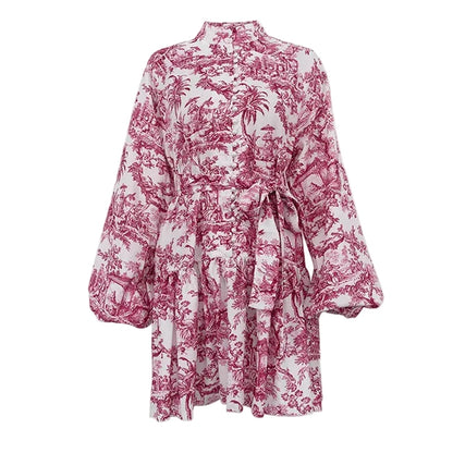 🍒Printed mini dress long sleeve clothes for hot weather o-neck outfit a line flare short china print smart casual female clothes fashion beach party wear holiday wear  Drink Cocktails In Your China