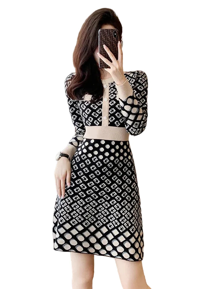 🍒Vintage knitted dress long sleeve mini o-neck spring/autumn Jacquard a-line outfits slim fit smart casual womens clothing breathable viscose Value Vintage