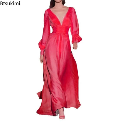 🍒女式派对礼服，优雅订婚晚会连衣裙，V领长袖及地长裙，带长袖和褶皱雪纺，适合时尚场合穿着。这款草莓和柠檬将成为您的最爱。