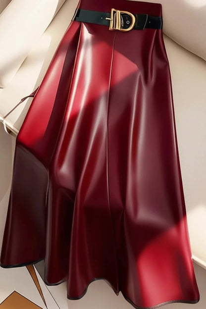 🍒Red pu skirt high end goddess fashion a-line leather midi mid length umbrella skirt occasion party wear Get A Little Bottle with A Burgundy