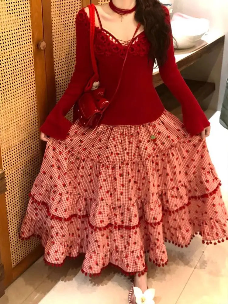 🍒女士叠层长裙草莓球弹力高腰时尚复古服装优雅宽松长裙女夏休闲装穿上这条裙子，在你的草莓上抹上奶油吧