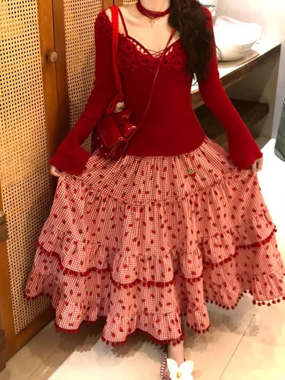 🍒女士叠层长裙草莓球弹力高腰时尚复古服装优雅宽松长裙女夏休闲装穿上这条裙子，在你的草莓上抹上奶油吧