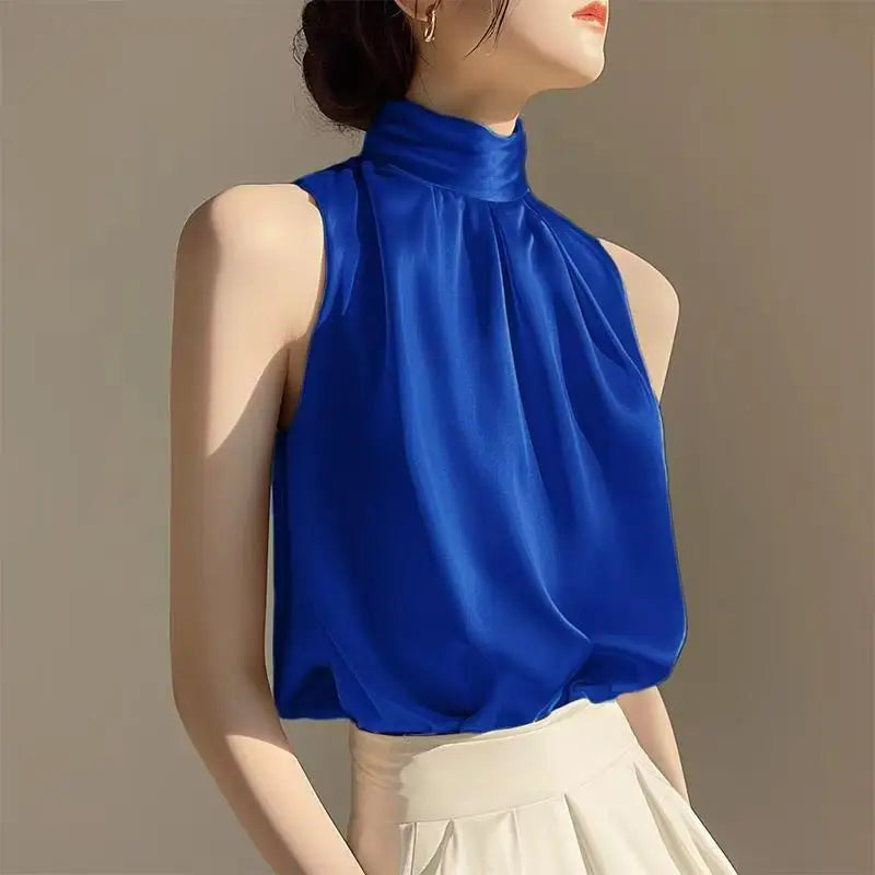🍒无袖高领上衣 无袖女式衬衫 女士夏季服饰 时尚褶皱 百搭套头吊带衫 蓝色衬衫之美