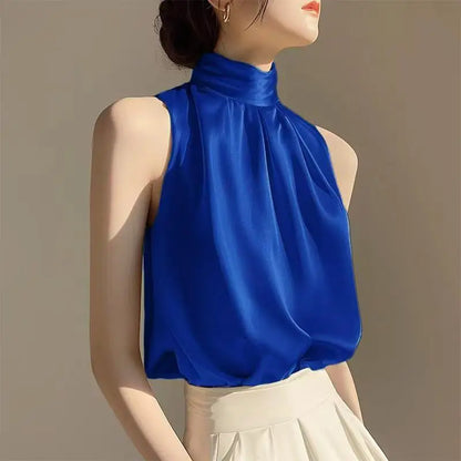 🍒无袖高领上衣 无袖女式衬衫 女士夏季服饰 时尚褶皱 百搭套头吊带衫 蓝色衬衫之美