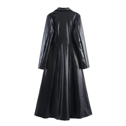 🍒Ekstra lang kunsleer-trenchcoat vintage maxi luukse pu dubbelbors swart ontwerper-buiteklere klere slim gemaklik Krokodilstyl