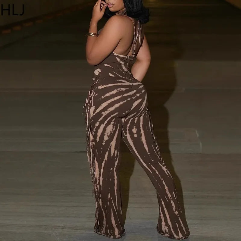 🍒 Bodycon Jumpsuit met kwassies vir vroue, halter-uitrusting, ruglose skraal lang rompers vir vroue, vroue se klubdrag, partytjiedrag, mode. Bederf Jouself Met 'n Sjokoladewervel