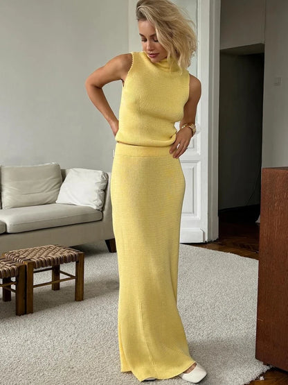 🍒Knitted summer suit crop top and skirt set for women elegant stylish straight skirt and top  Yellow maxi fashion smart casual clothes two-piece ocassion wear This Yellow Is Bananas