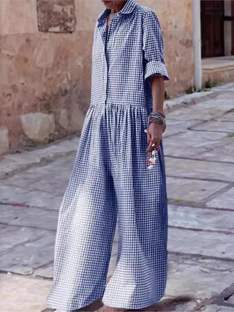 🍒Plaid jumpsuit women's casual fashion long sleeve wide leg playsuit pants loose holiday clothing