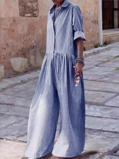🍒Plaid jumpsuit women's casual fashion long sleeve wide leg playsuit pants loose holiday clothing