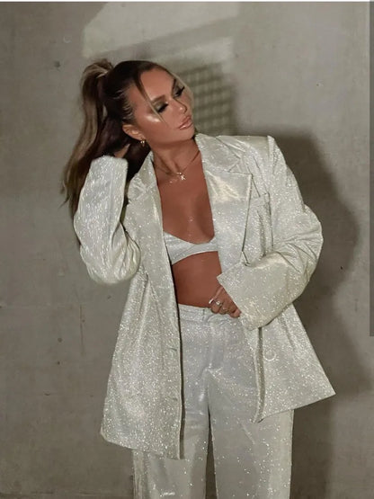 🍒Club night outfits sparkly fashion blazer matching sets female glitter party suit single breasted silver jacket women ladies bra top and wide leg pants three piece trouser set Sparkle With Fizz