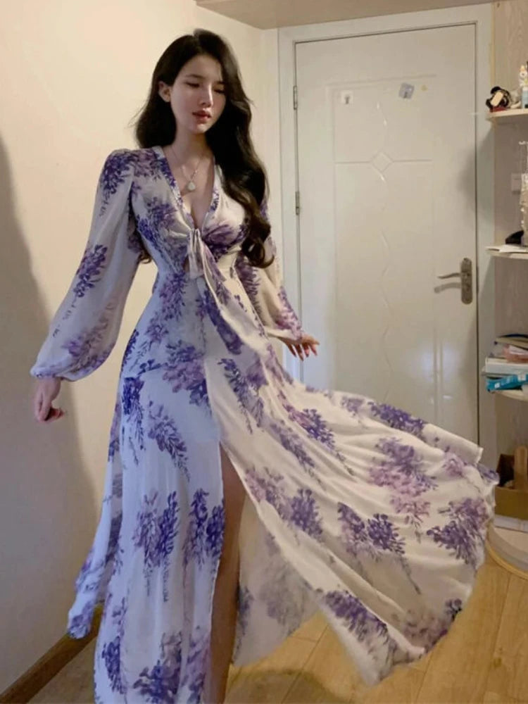 🍒Floral print sweet dresses Y2k aesthetic v-neck bodycon with puff sleeves a-line dress with front slit purple