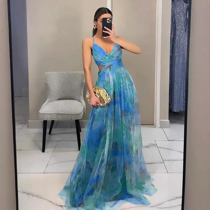 🍒Mesh evening dress spaghetti straps off shoulder vacation fashion outfit for summer party v-neck dress high waist backless occasion wear Mingle In A Mesh