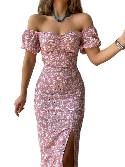 🍒Floral print party dress elegant women off shoulderless backless outfit summer slit boho midi smart casual ladies clothing Figure Out Your Floral Fashion
