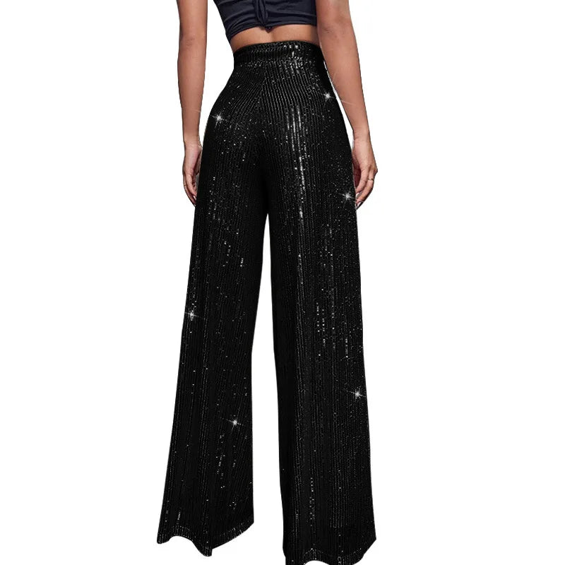🍒Hoë middellyf sequin-broeke vonkel los gemaklike wyepypbroek klokonderkant-broeke glinster klubdrag partytjiedrag Alles Vonkel In Glans En Glans