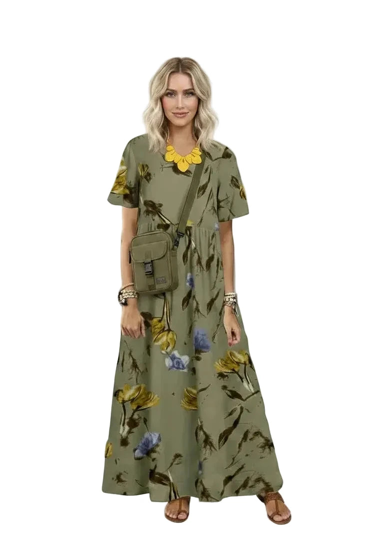 🍒Women's round neck short sleeve dress loose waist linen A-Linen out fit maxi length casual summer wear floral fashion Flattering Floral