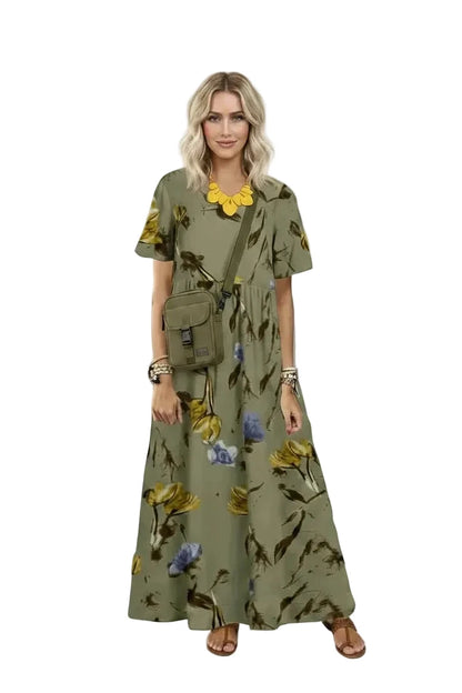 🍒Women's round neck short sleeve dress loose waist linen A-Linen out fit maxi length casual summer wear floral fashion Flattering Floral