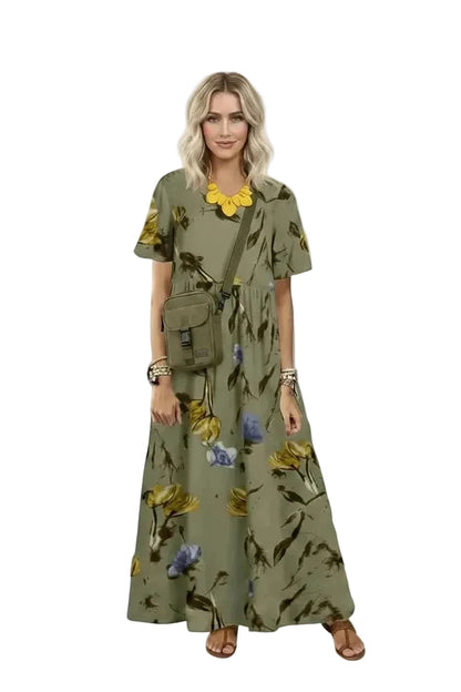 🍒Women's round neck short sleeve dress loose waist linen A-Linen out fit maxi length casual summer wear floral fashion Flattering Floral
