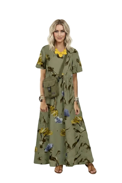 🍒Women's round neck short sleeve dress loose waist linen A-Linen out fit maxi length casual summer wear floral fashion Flattering Floral