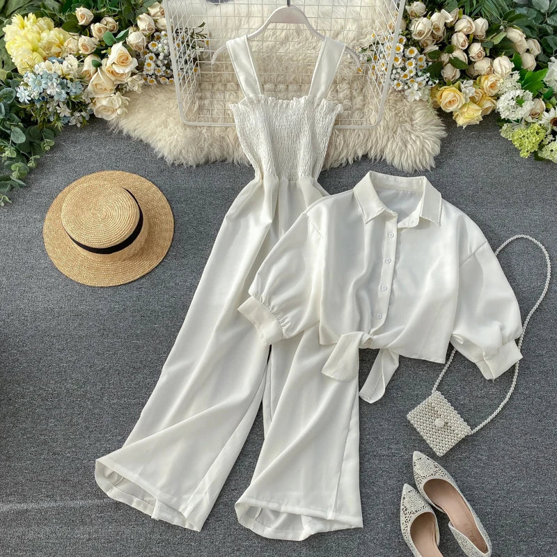 🍒Two piece clothing sets high waisted jumpsuit smart casual women and short sleeve blouse crop top female fashion wears  Y2k style clothing Jump On This Suit