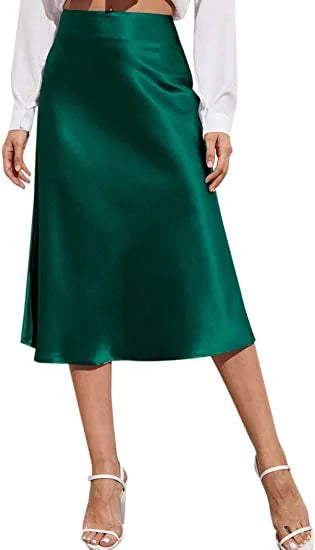 🍒Satyn hoë middellyf midi-romp, effekleur, a-lyn romp, syerig, elegante modepartytjie, slim gemaklike drag vir vroue - Skitter In Satyn