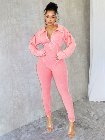 🍒Distressed Jumpsuit v-neck  solid ribbed skinny one piece long sleeve casual autumn trendy outfits simple activity streetwear Look Optimistcally Colouful In Distress