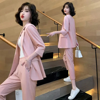 🍒Two piece blazer suit jacket and Pants two piece set for Women capri trousers with lapel jacket  office workwear party occasion wear Look Cool In Ice Cream