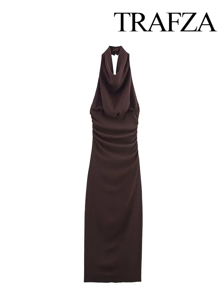 🍒Style sleeveless dresses solid backless halter Fold Decorate Button zipper Female Summer Slim Long Dress 3 Color